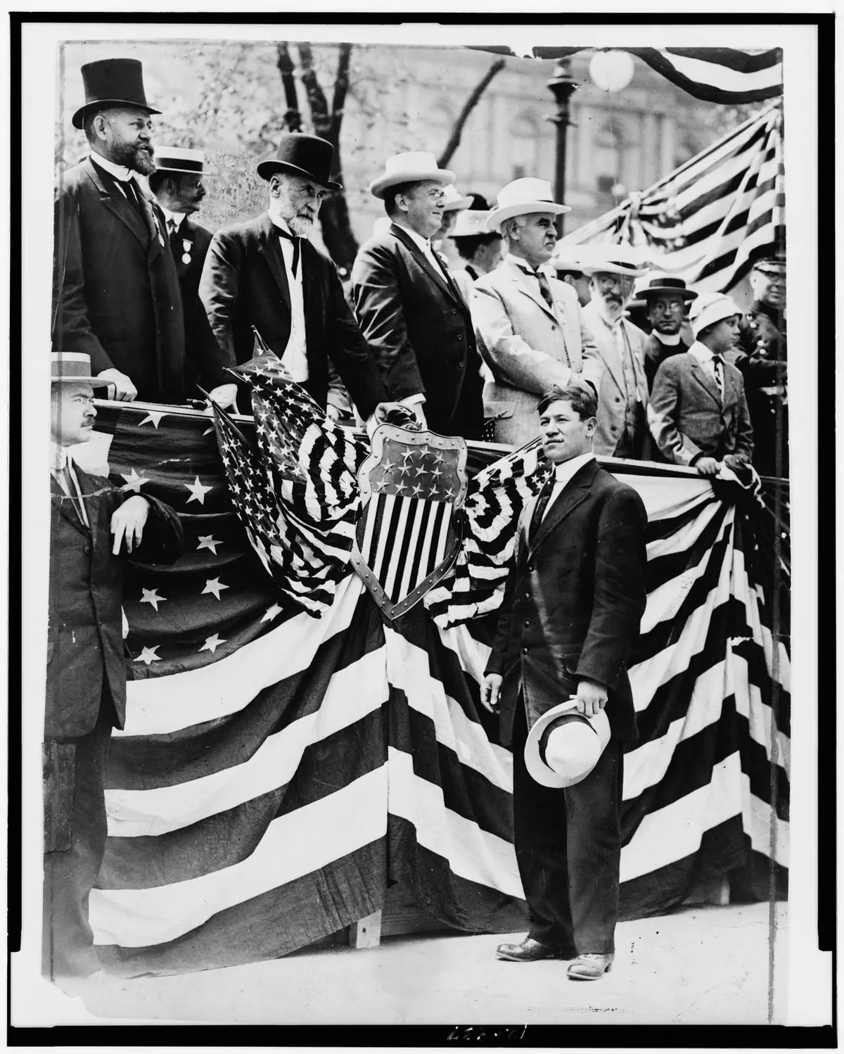Mayor William Gaynor, third from left, and U.S. Olympic Commissioner James E. Sullivan welcome Thorpe and the Olympic team at New York City Hall, 24 August 1912