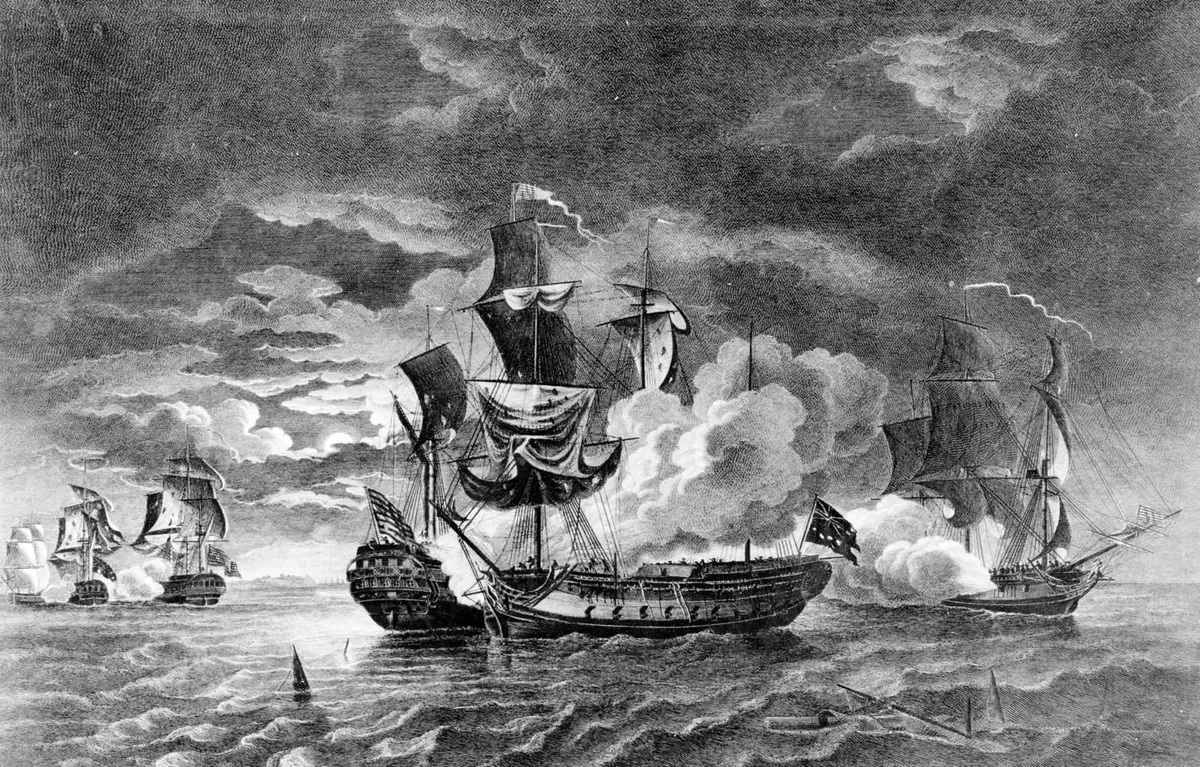 Bonhomme Richard and Serapis side by side in a cloud of gunsmoke, engraved after Robert Dodd’s painting of the action.