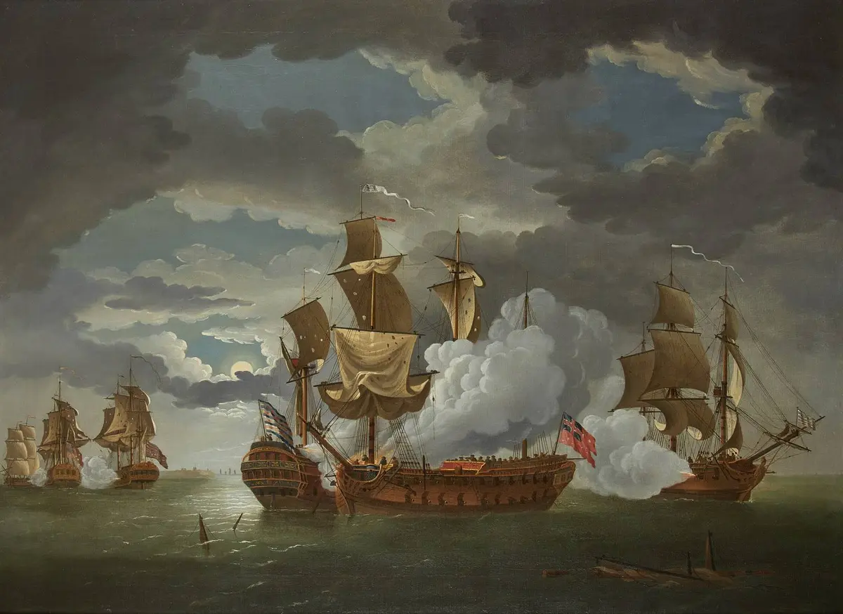 The action off Flamborough Head as Richard Paton painted it for the Royal Academy in 1780: Bonhomme Richard and Serapis at center, Alliance firing at right.