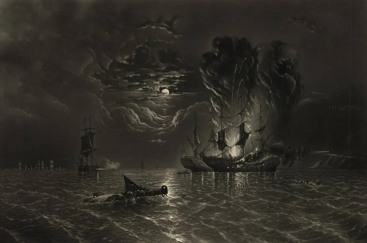 Moonlight, smoke and fire: the two ships locked together while the convoy waits inshore, after a painting by James Hamilton.
