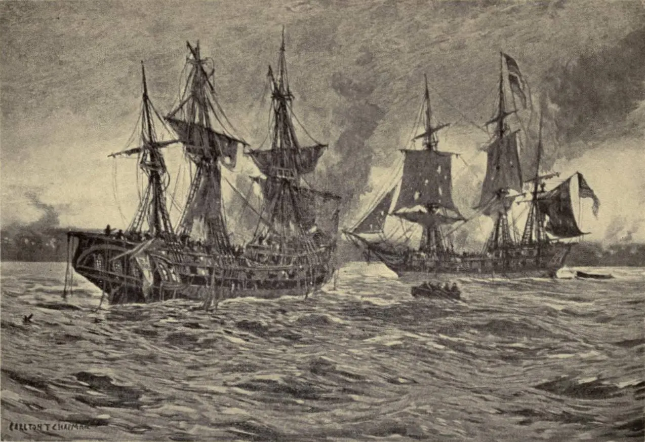 Ranger, right, and HMS Drake off Carrickfergus, 24 April 1778, the first American victory over a Royal Navy warship in British home waters.
