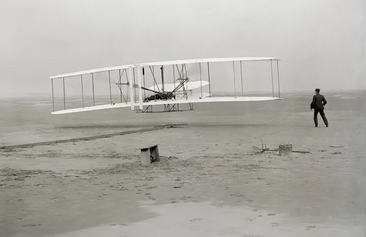 First flight of the Wright Flyer, Kitty Hawk, December 17, 1903