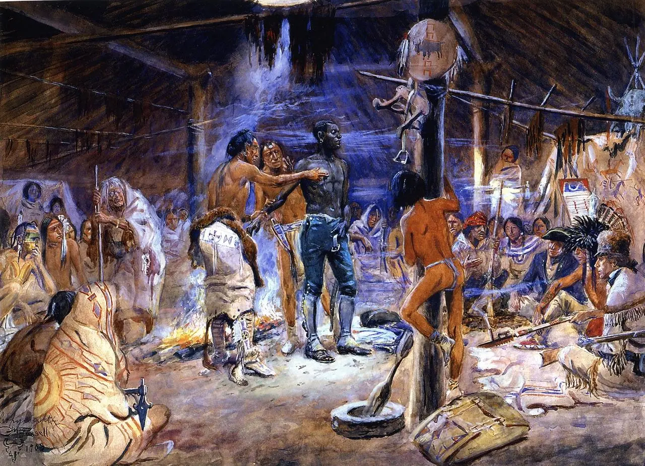 York, Clark’s enslaved man, in an earth lodge at the Knife River villages in the winter of 1804–05. Charles M. Russell, 1908.
