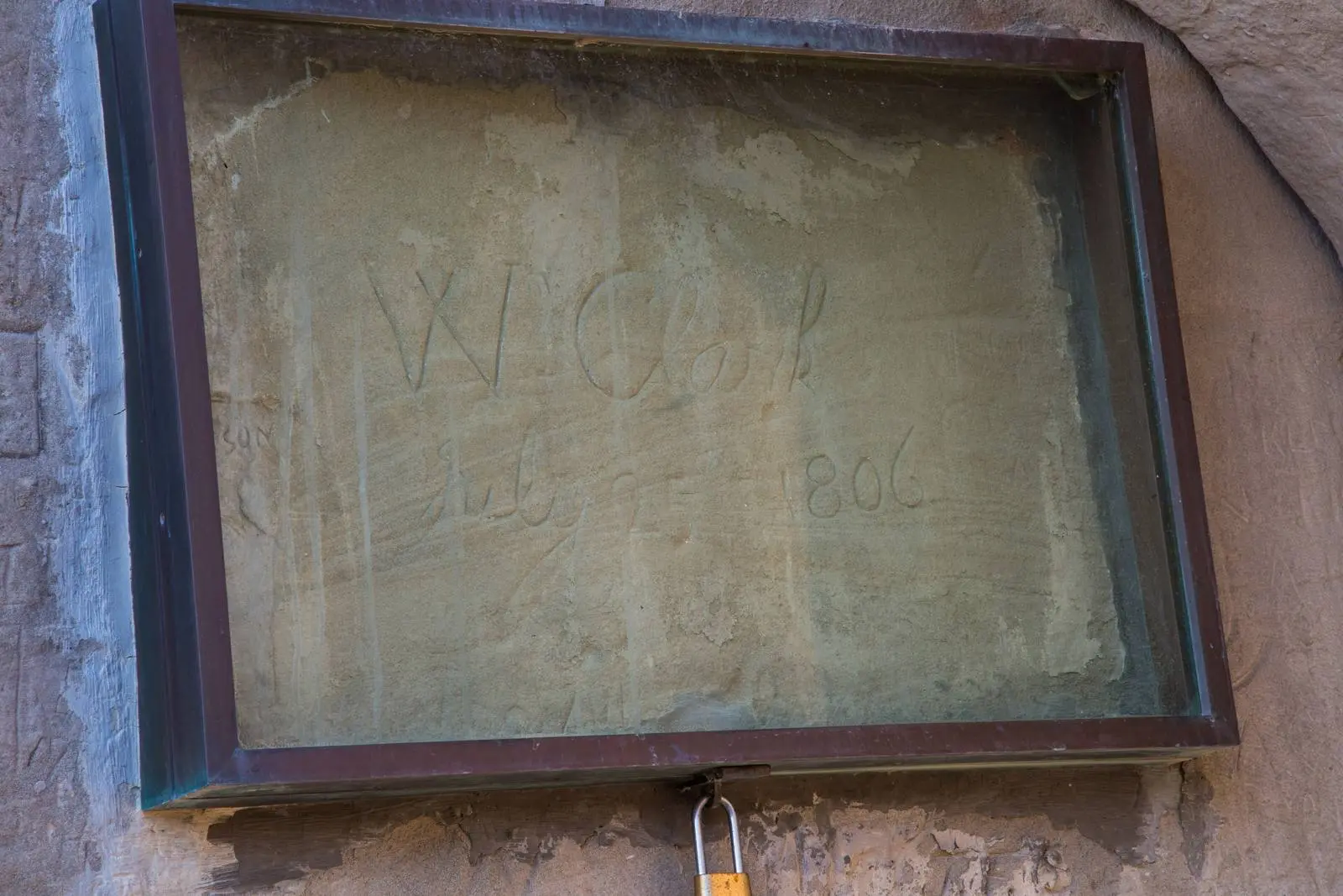 “W Clark July 25 1806,” carved by Clark into Pompeys Pillar on the Yellowstone River on the way home.