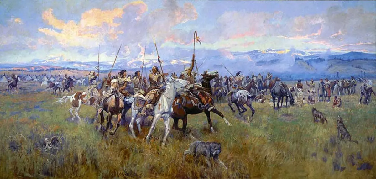 Lewis and Clark Meeting the Flathead Indians at Ross’ Hole, 4 September 1805. Charles M. Russell’s 1912 mural in the Montana State Capitol.