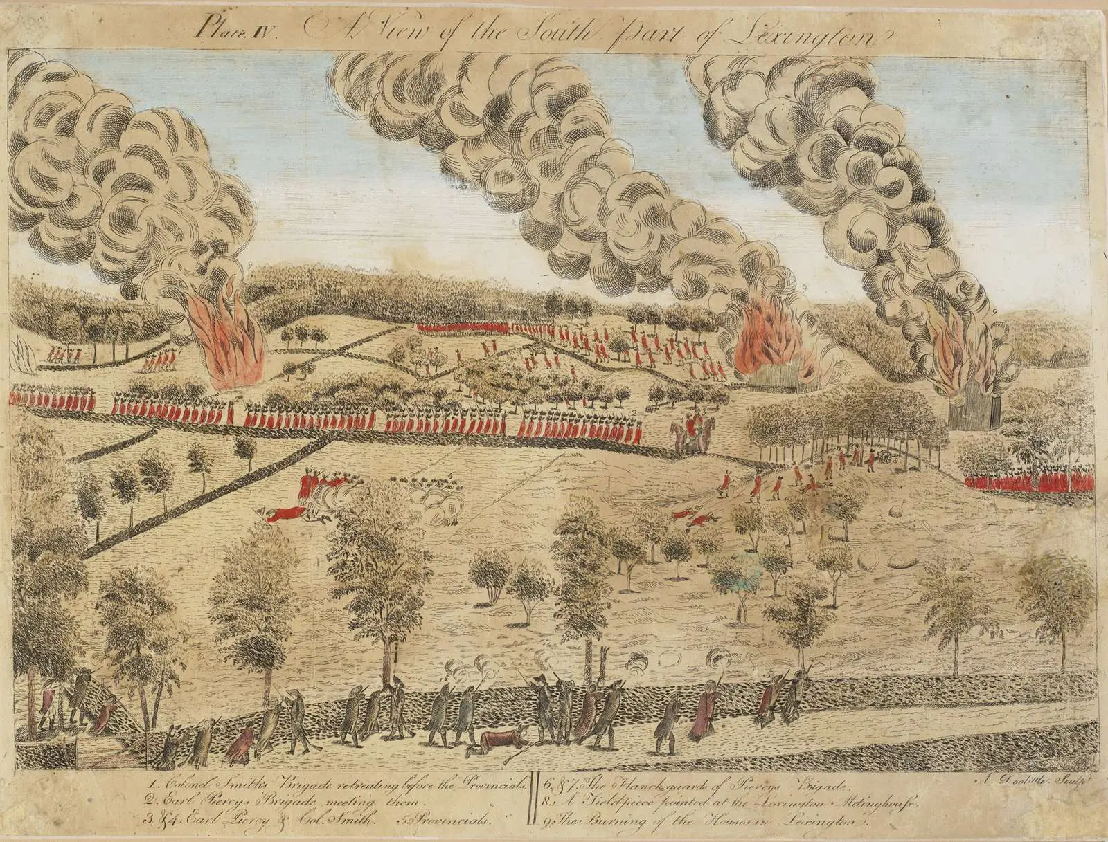 A View of the South Part of Lexington, Plate IV of Doolittle’s engravings: Lord Percy’s brigade meets Smith’s retreating column as houses burn.