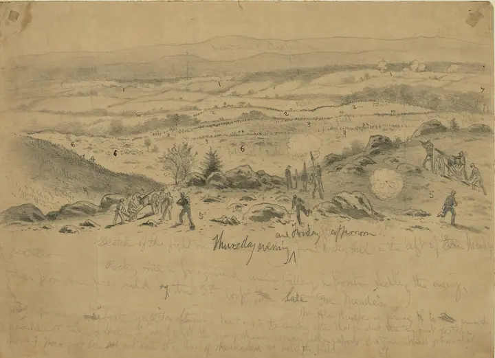 Edwin Forbes sketched this view from the summit of Little Round Top in 1863, with Union guns firing on Longstreet's advance in the valley below.