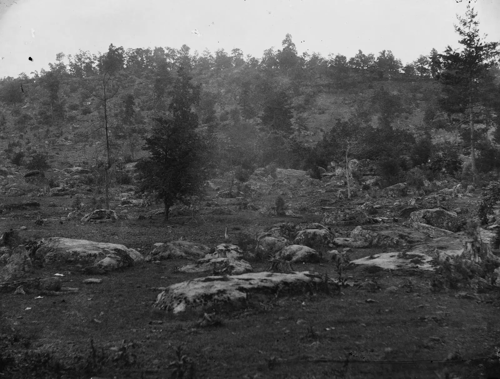 The boulder-strewn slope of Little Round Top, photographed in 1863.