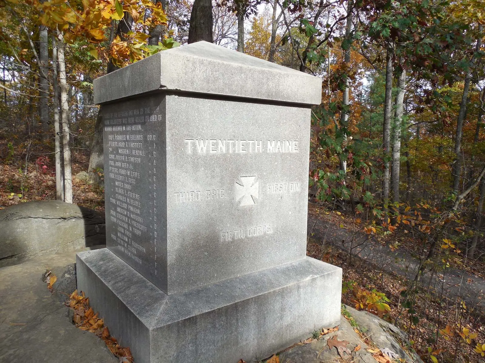 The 20th Maine's monument marks the center of the regiment's line, where its colors stood. Its veterans dedicated it on 3 October 1889.
