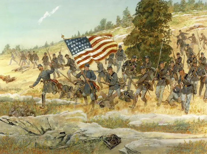 The 20th Maine charges down Little Round Top with fixed bayonets, 2 July 1863, in H. Charles McBarron Jr.'s National Guard Heritage painting.