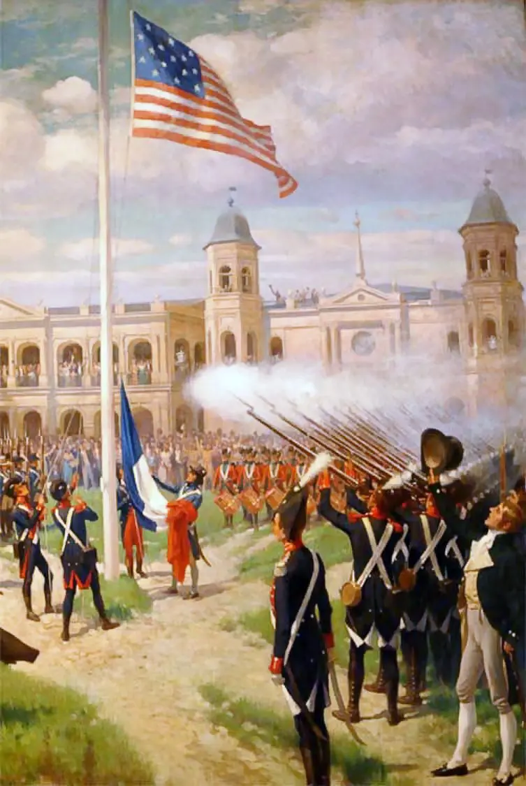 Hoisting American Colors, Louisiana Cession, 1803: Thure de Thulstrup’s 1902 painting of the flag going up in the Place d’Armes, New Orleans, on 20 December 1803.