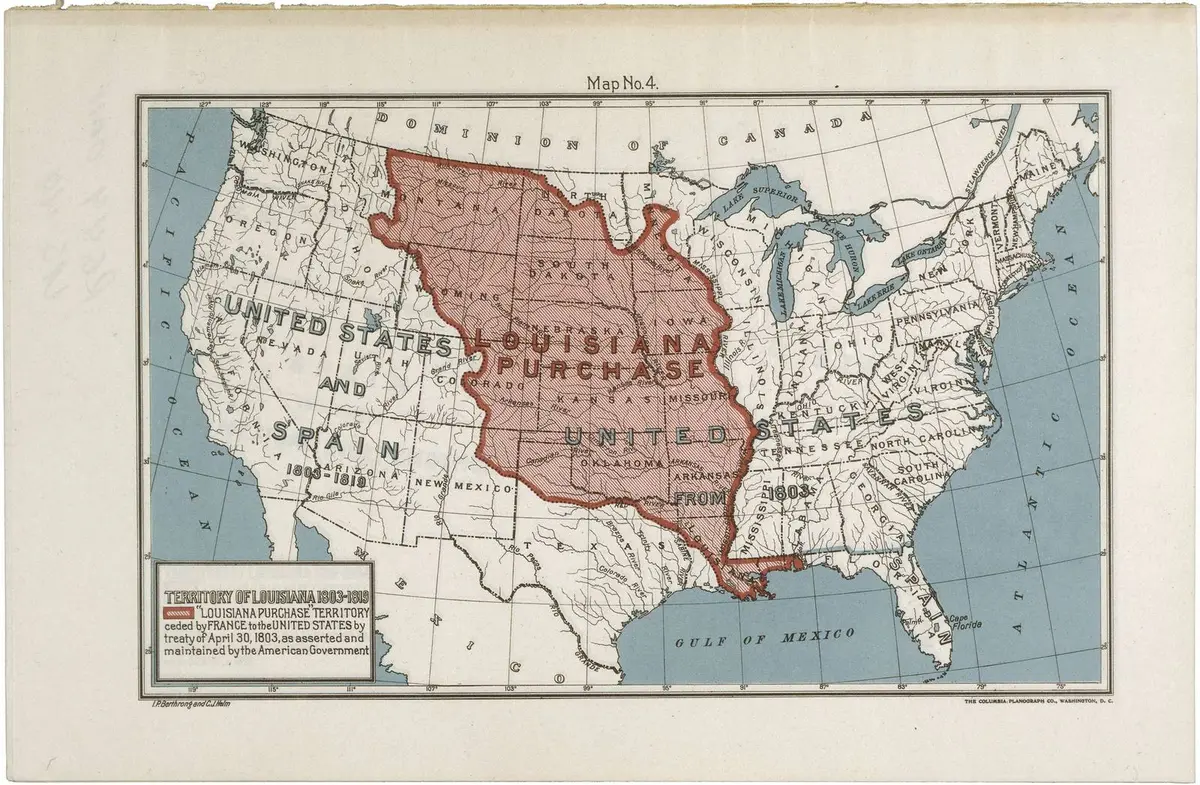 The Louisiana Purchase territory, shaded red, on Frank Bond’s 1912 map for the federal government: the land from the Mississippi to the Rockies ceded by the treaty of 30 April 1803.