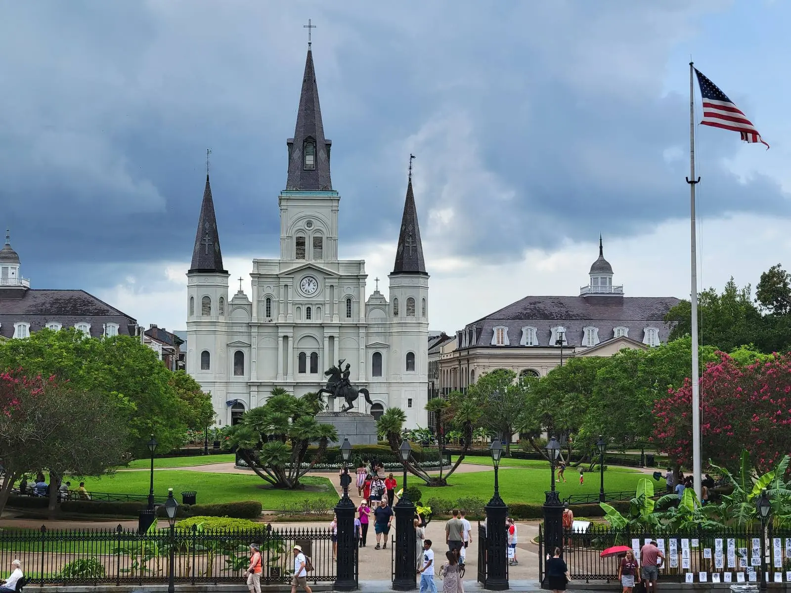 The flag flies over Jackson Square in New Orleans, the old Place d’Armes, with the Cabildo at left and St. Louis Cathedral at center. Here the Stars and Stripes went up over Louisiana on 20 December 1803.