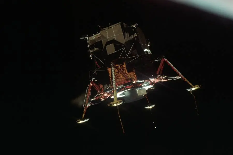 Lunar Module Eagle in landing configuration after undocking, July 20, 1969 (AS11-44-6581)