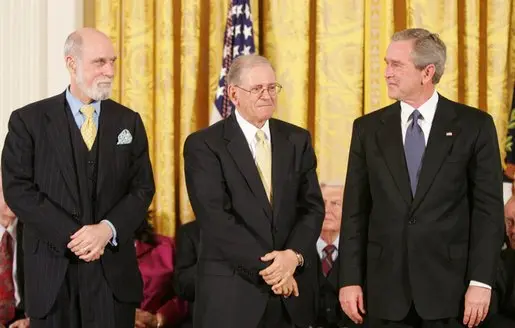 Vint Cerf, Bob Kahn and President George W. Bush at the Presidential Medal of Freedom ceremony, White House, 9 November 2005