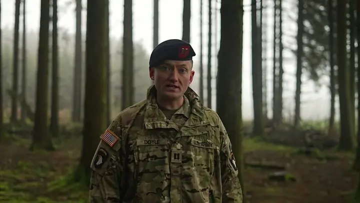 Capt. Matthew Doyle of the 101st Airborne Division Artillery tells the story of Bastogne (video still)
