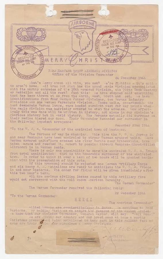McAuliffe's Christmas message to the men of Bastogne, 24 December 1944, with the German demand and his reply