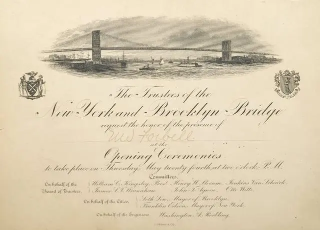 Invitation to the opening ceremonies, Thursday, 24 May 1883, at two o’clock.