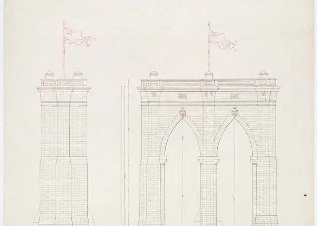 John A. Roebling’s 1867 plan of one tower for the East River Bridge.