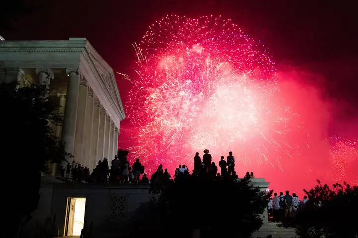 Crowds watch fireworks at the Lincoln Memorial, July 4, 2026: the "Illuminations" Adams foresaw in 1776.