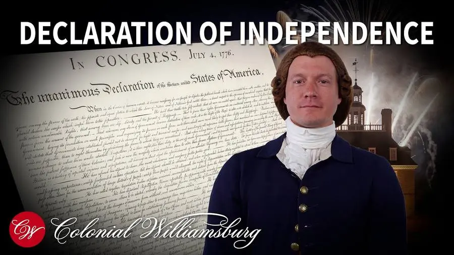 A Thomas Jefferson interpreter reads the Declaration of Independence (video still).