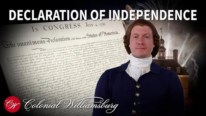 A Thomas Jefferson interpreter reads the Declaration of Independence (video still).