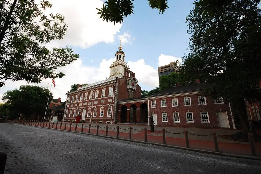 Independence Hall on Chestnut Street, Philadelphia, with its restored tower clock.