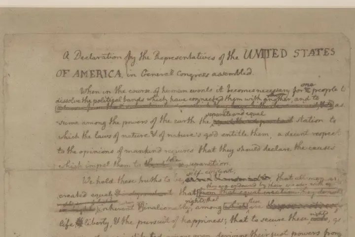 The opening lines of Jefferson's rough draft, with Franklin's and Adams's edits.