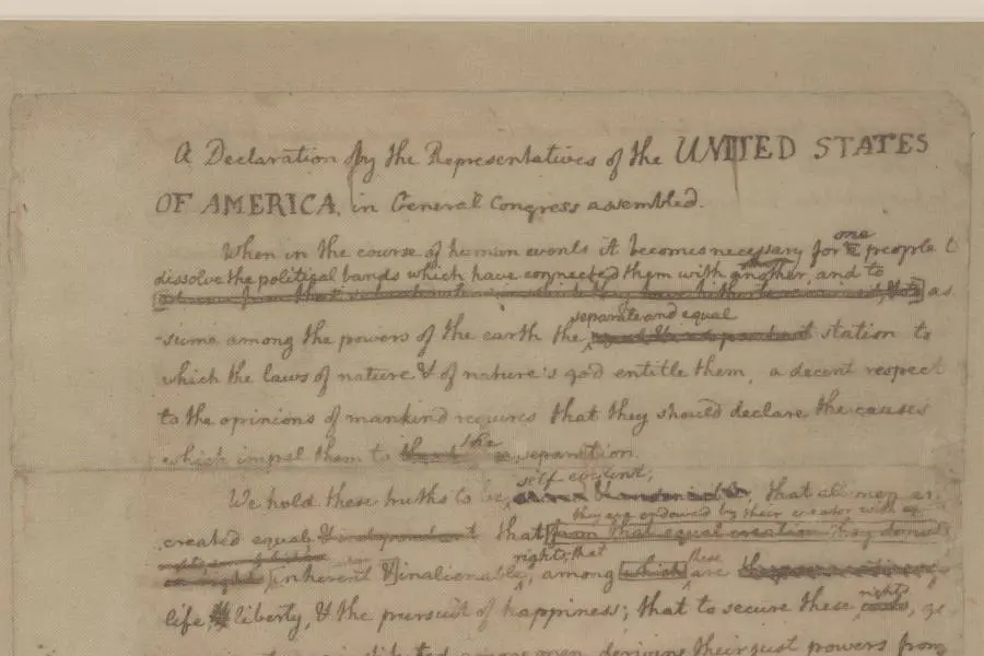 The opening lines of Jefferson's rough draft, with Franklin's and Adams's edits.