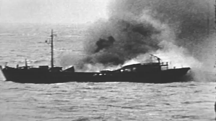 A frame from wartime footage of the Doolittle Raid mission and USS Hornet.