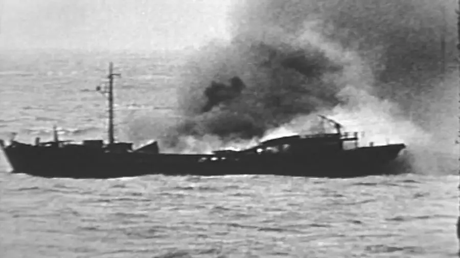 A frame from wartime footage of the Doolittle Raid mission and USS Hornet.