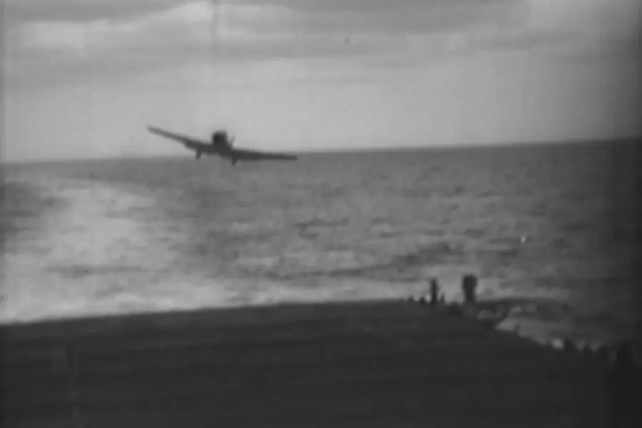 A frame from National Archives film of Task Force 16 during the Doolittle Raid, April 1942 (428-NPC-19508).