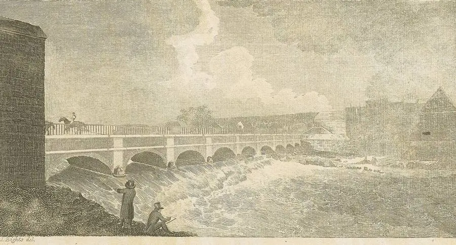 The stone aqueduct that carried the canal over the Genesee River at Rochester, in an early engraving