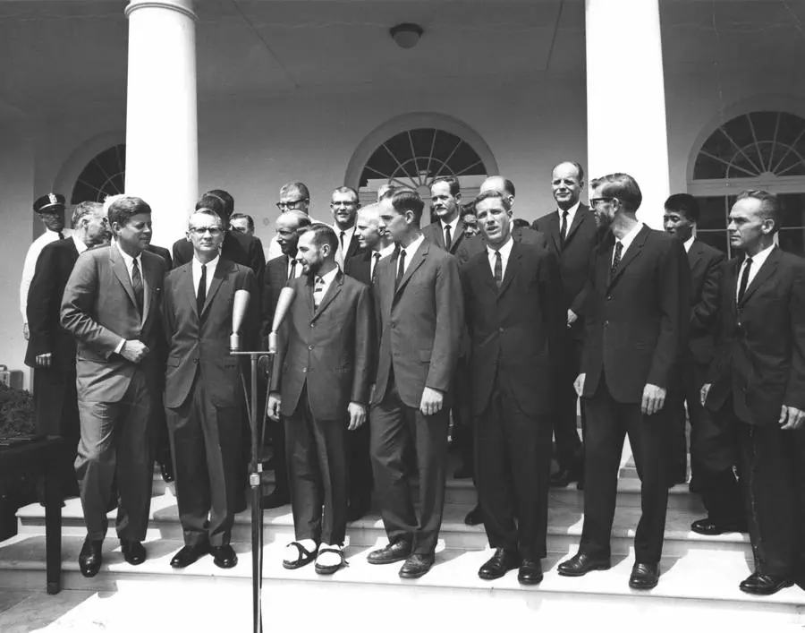 President Kennedy with members of the American Mount Everest Expedition in the Rose Garden, 8 July 1963.