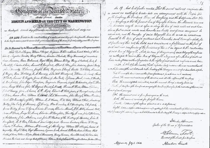 First and last pages of the Pacific Railway Act, signed by Abraham Lincoln on 1 July 1862