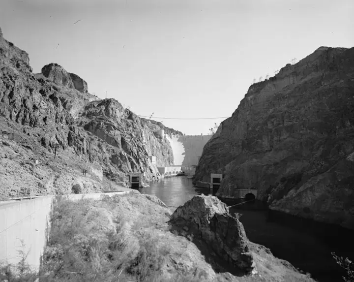 Hoover Dam from the helicopter pad below the power plant, HAER NV-27-5, 2002