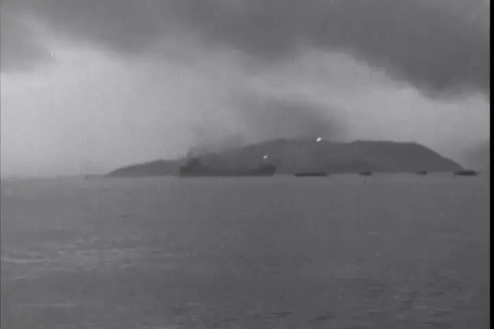 Wolmi-do under bombardment, a frame from the Navy's film of D-Day at Inchon, 15 September 1950.