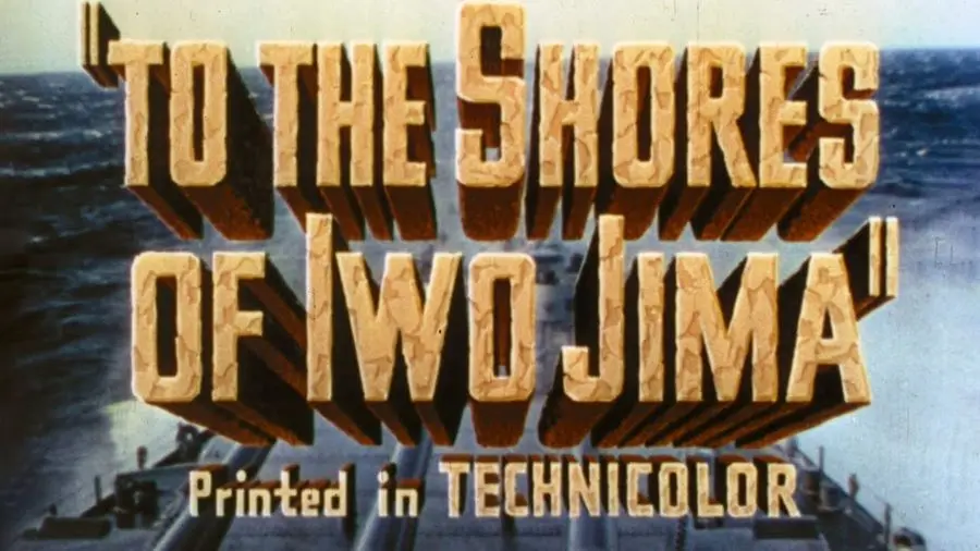 Title card of "To the Shores of Iwo Jima," the 1945 Navy-Marine Corps color documentary