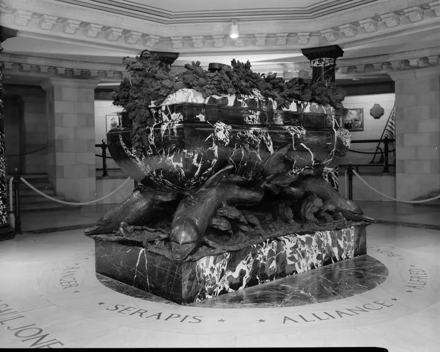 The crypt of John Paul Jones, U.S. Naval Academy Chapel, with the names of his ships set in the floor.
