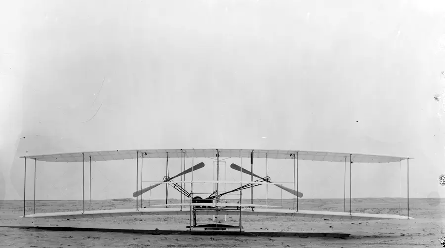 Front view of the 1903 Wright Flyer at Kill Devil Hills, N.C., 1903