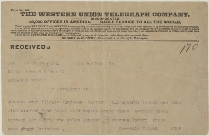 Orville Wright's telegram to his father announcing four successful flights, December 17, 1903