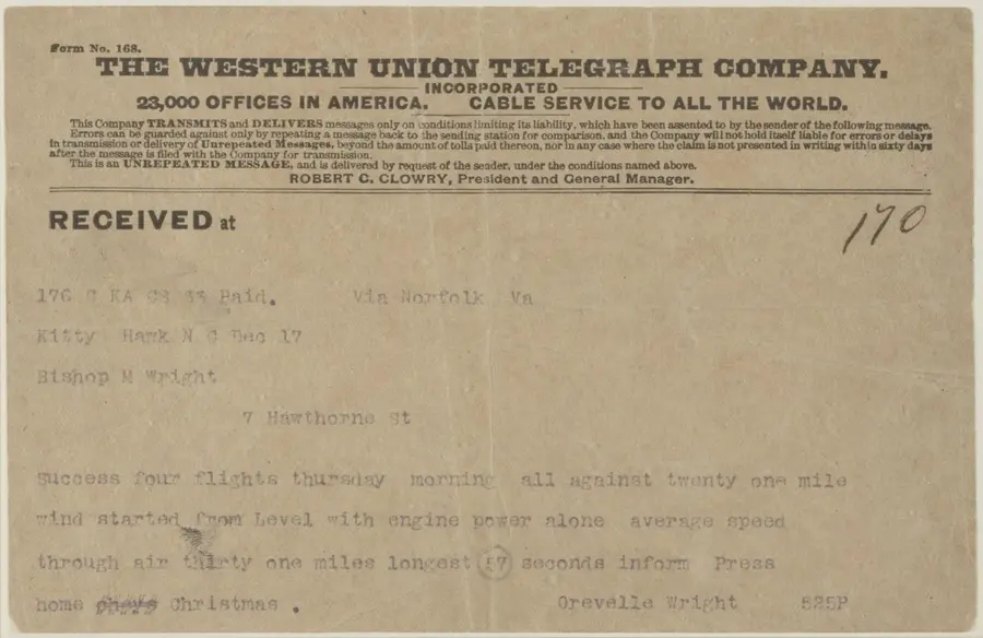 Orville Wright's telegram to his father announcing four successful flights, December 17, 1903