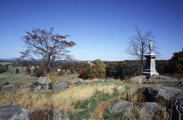 Autumn on the crest of Little Round Top, looking west over the battlefield.