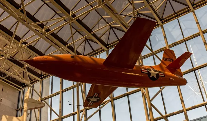 Glamorous Glennis suspended in the National Air and Space Museum's Milestones of Flight hall, 2018.