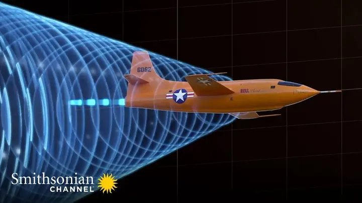 Animated still of the Bell X-1 breaking the sound barrier, from Smithsonian Channel's Aviation Nation.