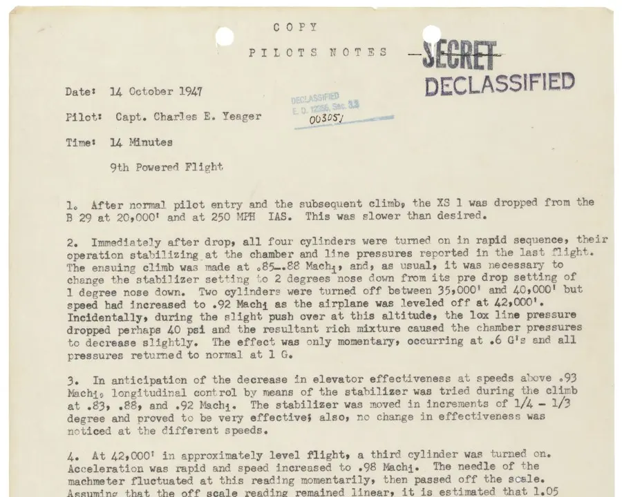 Capt. Yeager's pilot's notes from the ninth powered XS-1 flight, October 14, 1947.