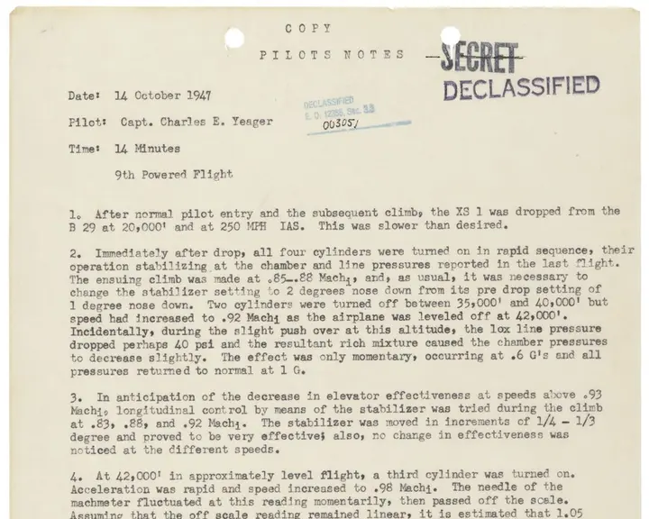 Capt. Yeager's pilot's notes from the ninth powered XS-1 flight, October 14, 1947.