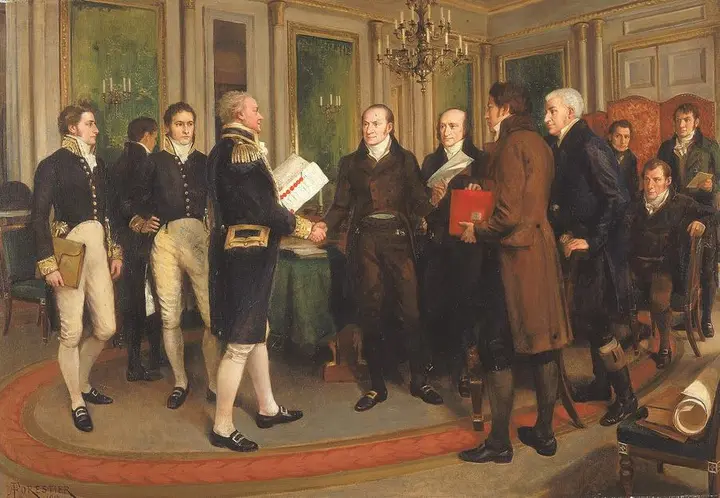 The Signing of the Treaty of Ghent, Christmas Eve, 1814 (Amédée Forestier, 1914).