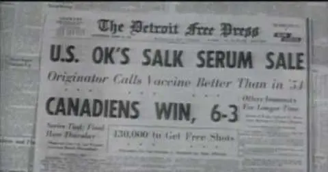 A newspaper headline from April 1955 on the Salk vaccine, from March of Dimes archival film.