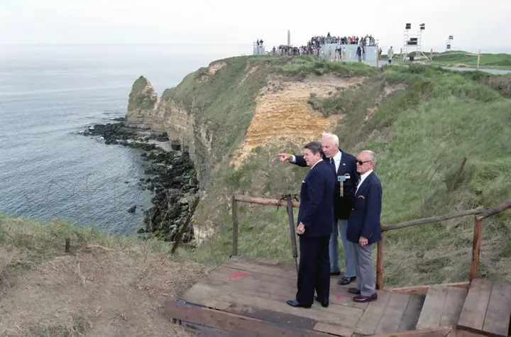 President Reagan with former Rangers at Pointe du Hoc, 6 June 1984